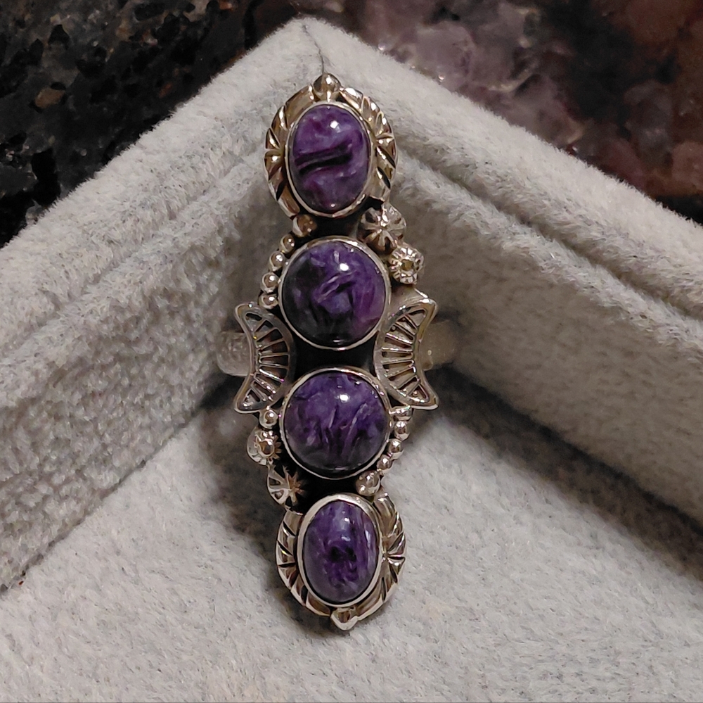 Charoite 4 Stone Sterling Silver Statement Ring Size 8